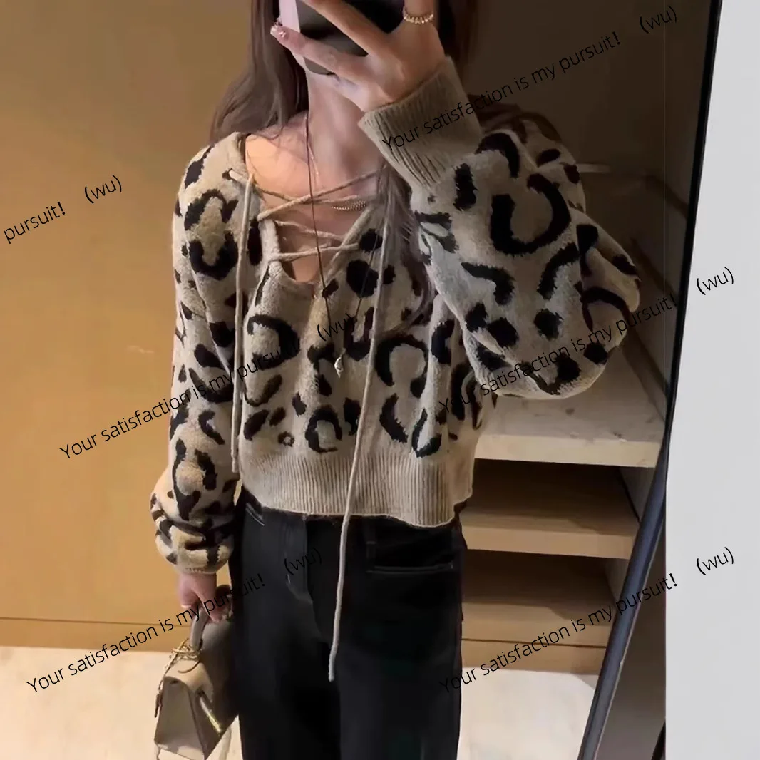 

Осенне-зимний корейский вязаный свитер с леопардовым принтом на шнурке, женский темпераментный универсальный ленивый свободный свитер женский