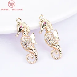 (3064) 10PCS 10x26.5MM 24K Gold Color Brass with Zircon Hippocampus Charms Pendants High Quality DIY Jewelry Making Findings