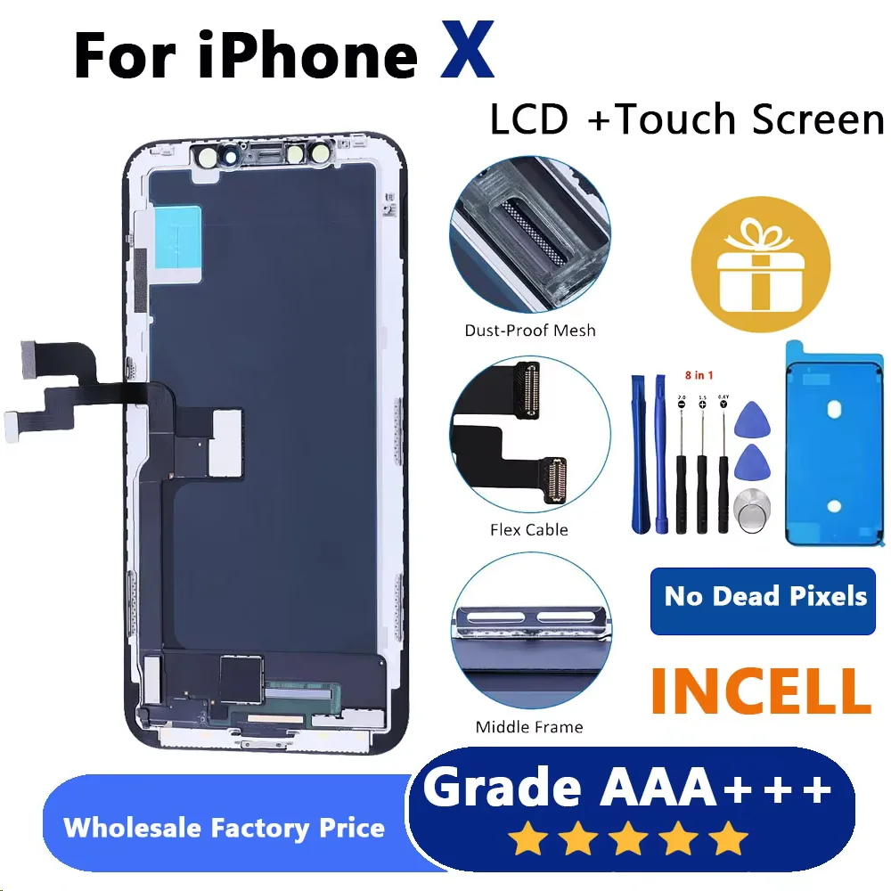 

Incell/JK LCD For iPhone X Display + Touch Digitizer Assembly Replacement For iPhone X A1865 A1901 LCD Screen Replacement