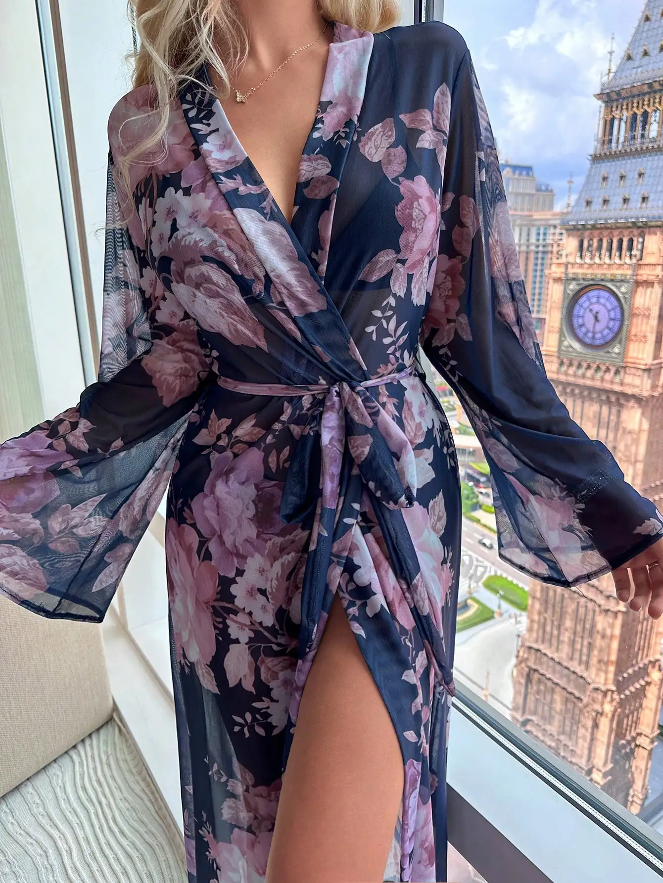 Summer Autumn Floral Print Women's Bathrobe Print Belted Bridesmaid Robe Open Side Long Night Gown Mesh Nightie