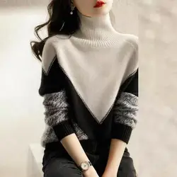 Autumn and Winter Women's Contrast Color High Neck Long Sleeve Loose Knitted Sweaters Jumpers Chic Fashion Casual Korean Tops