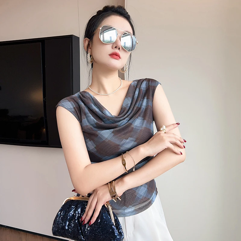 Summer,European,Clothes,Mesh,Thin,T-Shirt,Chic,Sexy,O-Neck,Drape,Print,Women,Tops,Sleeveless,Slim,Hot,Tees,2026,New,6812003