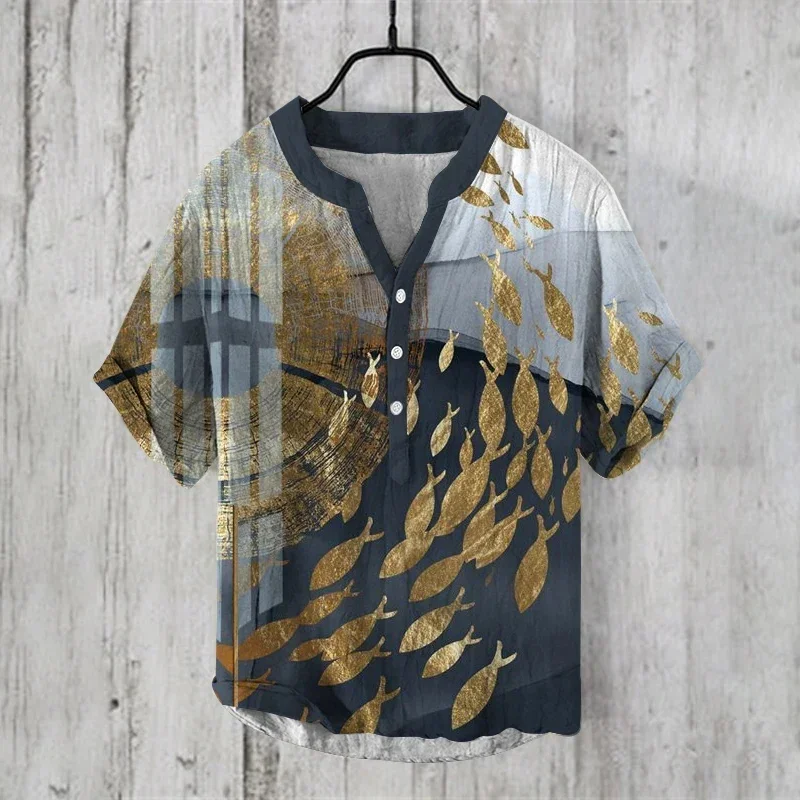 

Youth men's oversized summer linen pullover V-neck short sleeved shirt with underwater world print fashion Hawaiian shirt