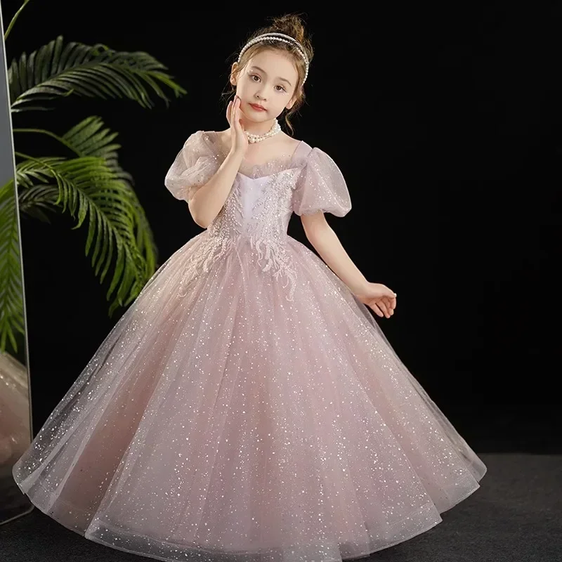 Vestido infantil para florista, manga rosa bolha, apresentadora de show, apresentação de piano, aniversário, novo, primavera, 2022