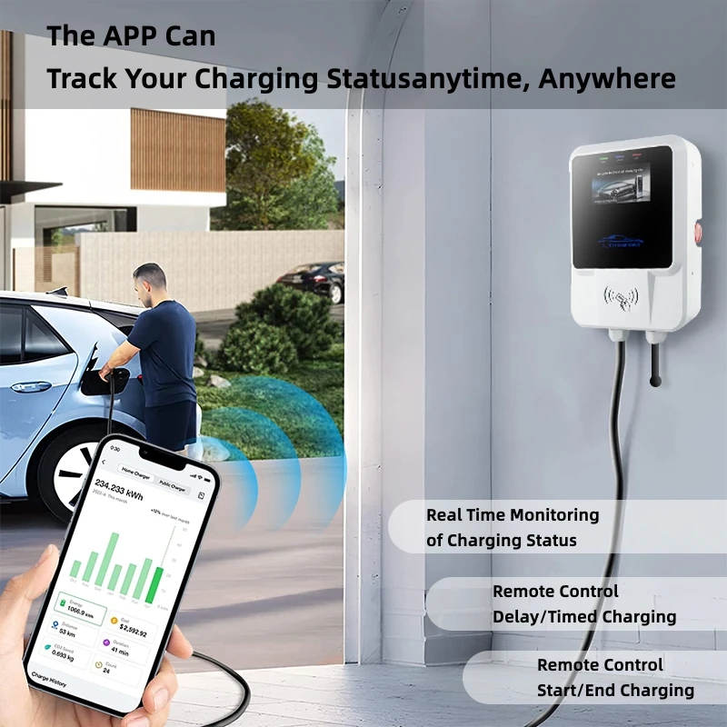 EV Charging Station 7/11/22KW Electric Vehicle Car Charger 32A EVSE Wallbox Wallmount Type2 IEC62196 Type1 with APP Wifi Cards