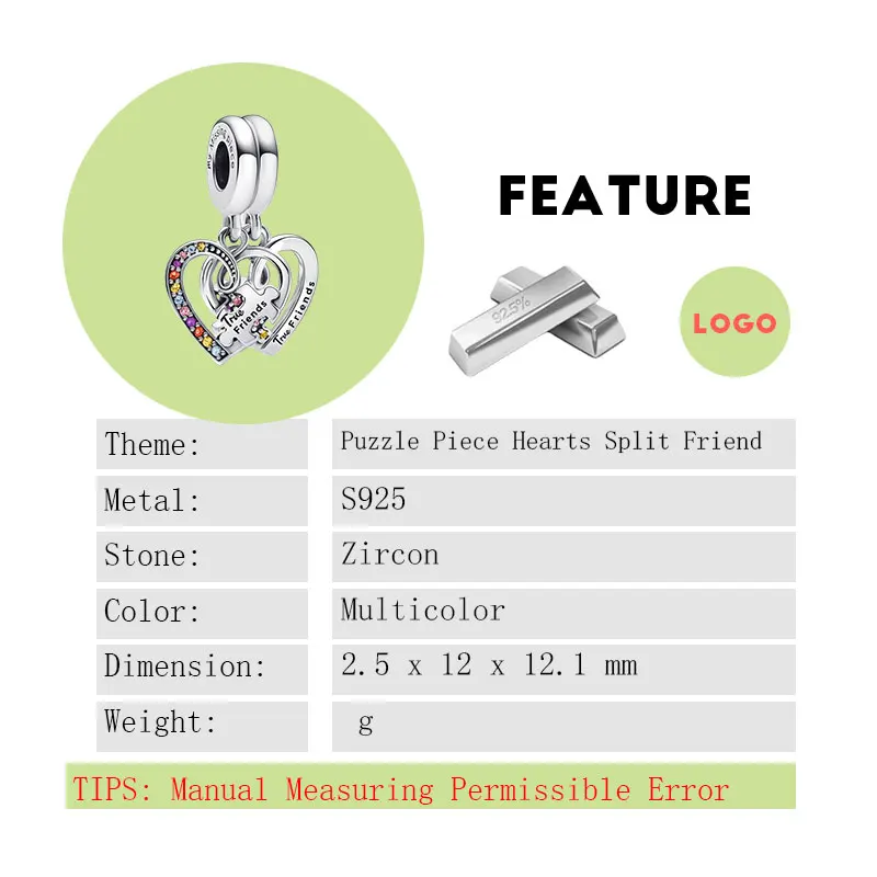 Puzzle Piece Hearts Splittable Friendship Pendants Charms For Women Multicolor Zircon 925 Sterling Silver Jewelry DIY Bracelets