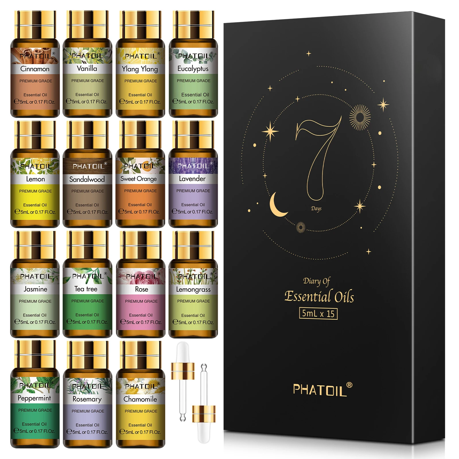 PHATOIL 15PCS Essential Oils Set For Diffuser Humidifier Candles Making-5ml Lavender Jasmine Eucalyptus Vanilla Peppermint Rose