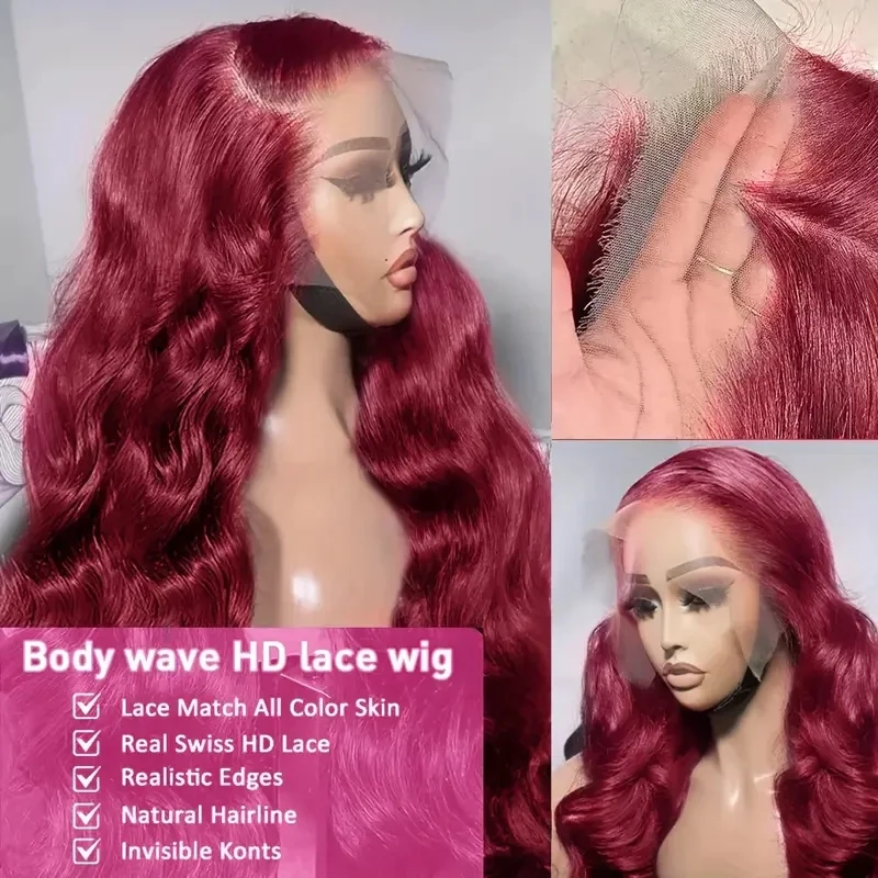 99j Burgundy Body Wave Transparent Lace Front Wig 13x6 Virgin Human Hair Wigs 250 Density Pre-Plucked Voluminous Waves for Women