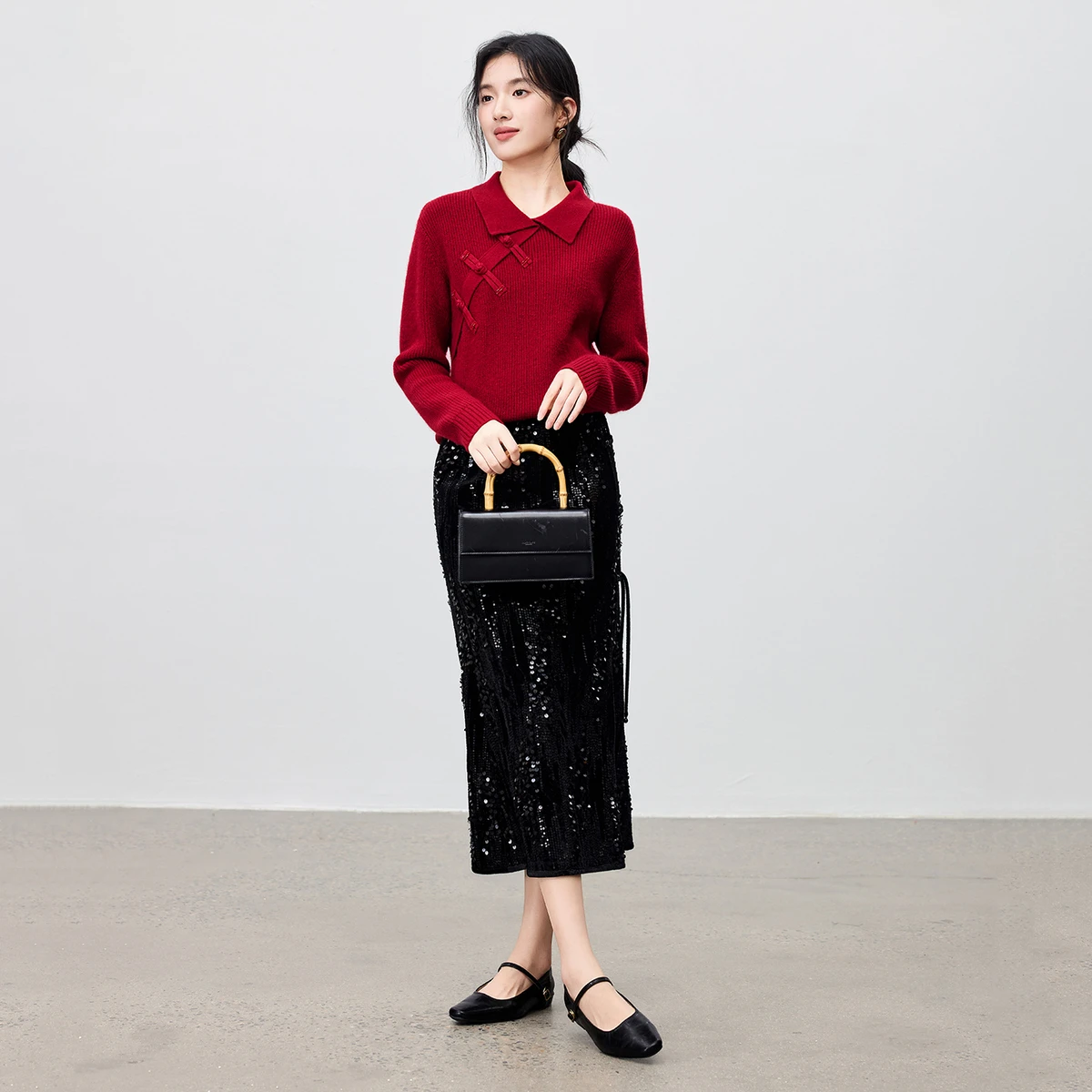 SENTUBILA Chinesischen Stil Elegante Pullover Frauen 2025, Herbst Solide Drehen Unten Kragen Pullover Lose Gestrickte Weibliche Tops W54EH3989