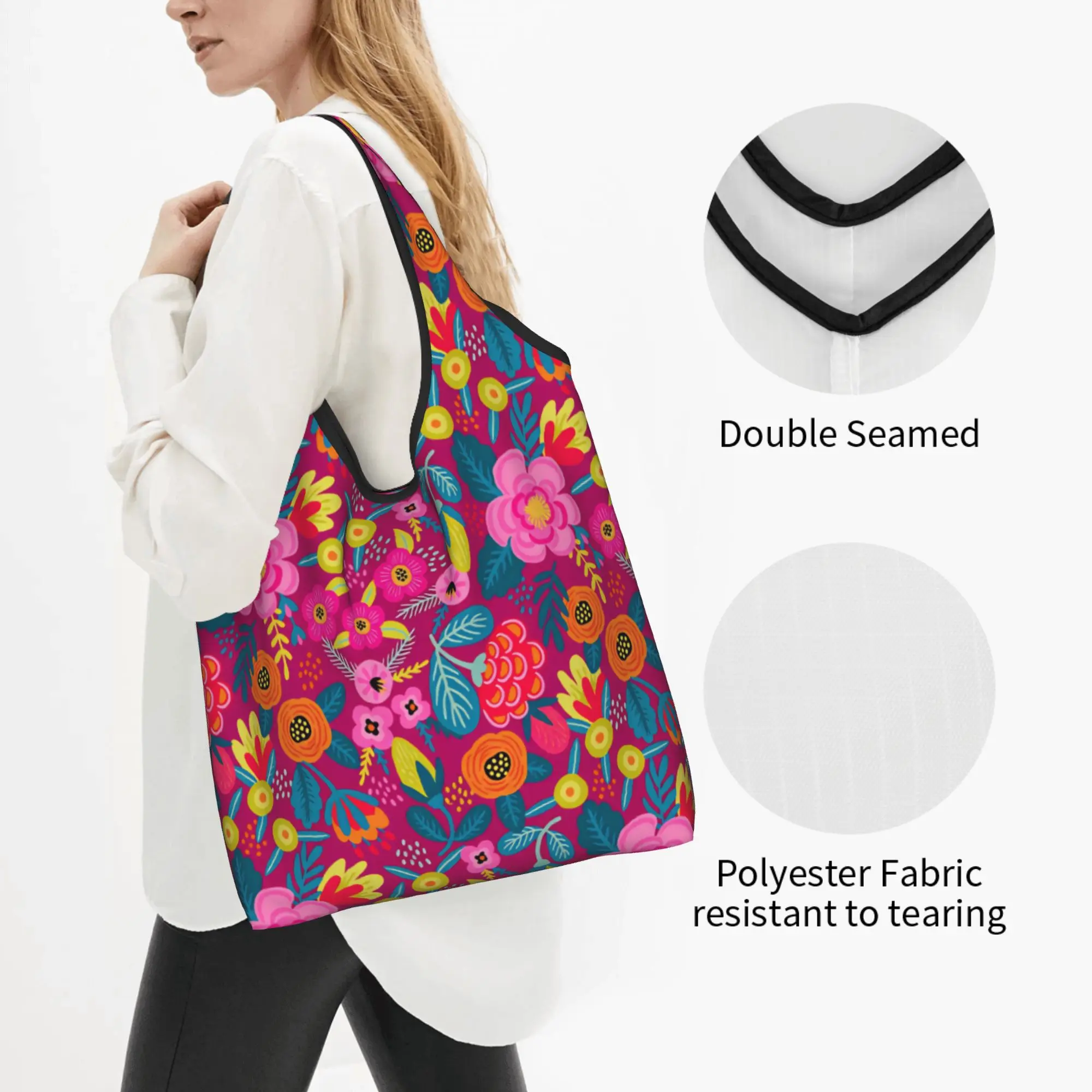 Funny Printing Nordic Folk Art Abstract Flowers Tote Shopping Bag Portable Shoulder Shopper Scandinavian Folk Art Handbag