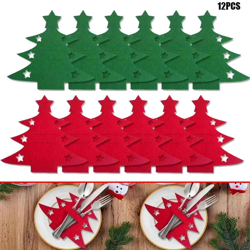

12PCS Christmas Tree Shaped Felt Cutlery Mats With Stars Decor Durable For Home Christmas Festive Party Table Decor Accessories