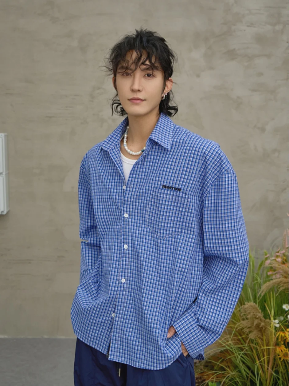 

Retro American Blue Plaid Long Sve Men's Casual irt Leisure Workwear Embroidered Trendy Loose Fit Classic Sle