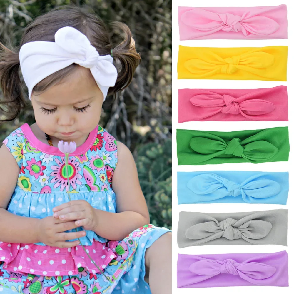 1PCS Solid Elastic Baby Girls Bowknot Headband Rabbit Ears Bows Newborn Toddler Stretchy Headwraps Birthday Gifts