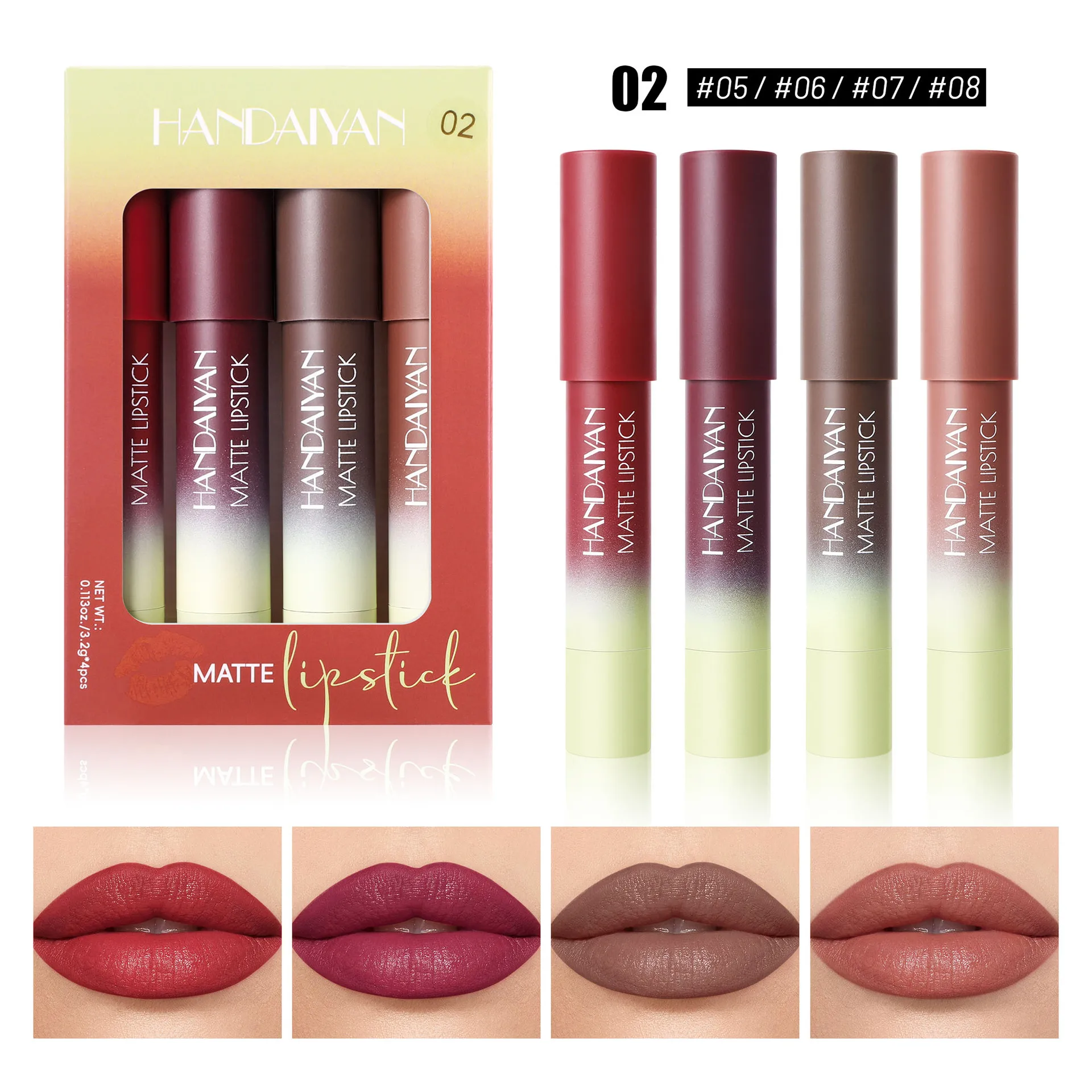 4-delige lipliner- en lippenstiftkrijtset, waterdichte matte overdrachtbestendige formule, definieert lippen en verbetert de teint