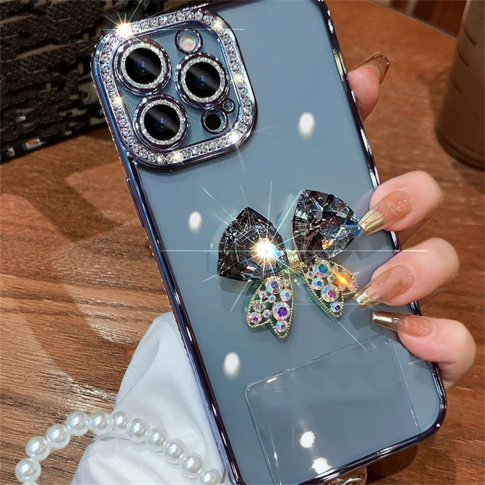 Luxury Plating Border 3D Diamond Bow Pearl Chain Case For iPhone 16 15 14 13 12 11 Pro Max X XR 7 8 Plus Shockproof Back Cover