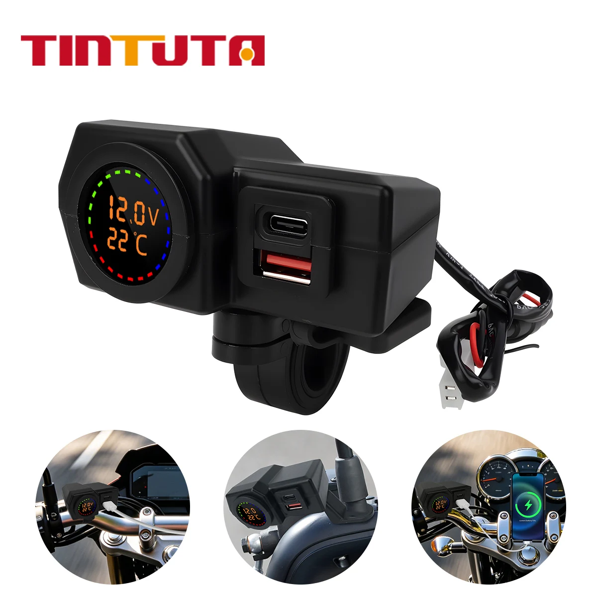 

Motorcycle Fast Charger QC3.0 Dual USB Type-C 12/24V Voltmeter Temperature Display Waterproof Handlebar Mount Phone Power Adapte