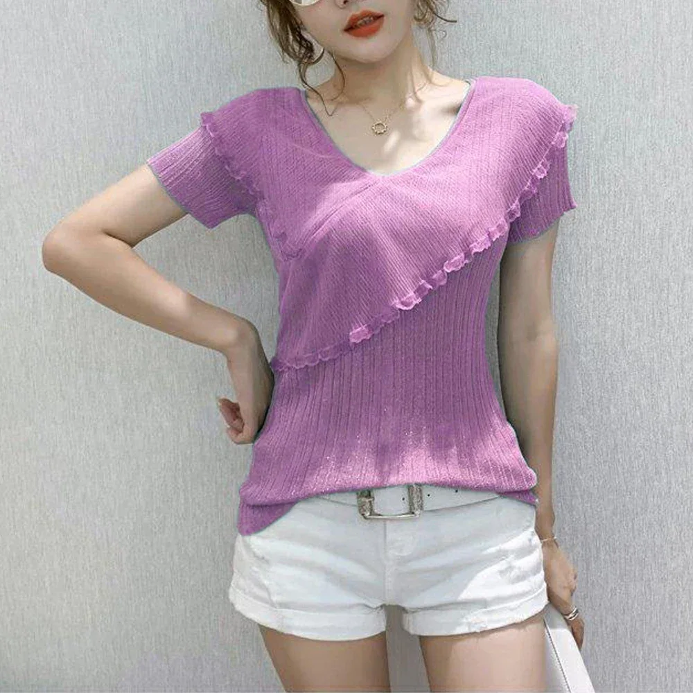 Women Short Sleeve V-Neck Knitted T Shirt Office Lady Sweater Pink Violet Tees Female Fashion Spliced Chiffon Ruffle Edge Tops