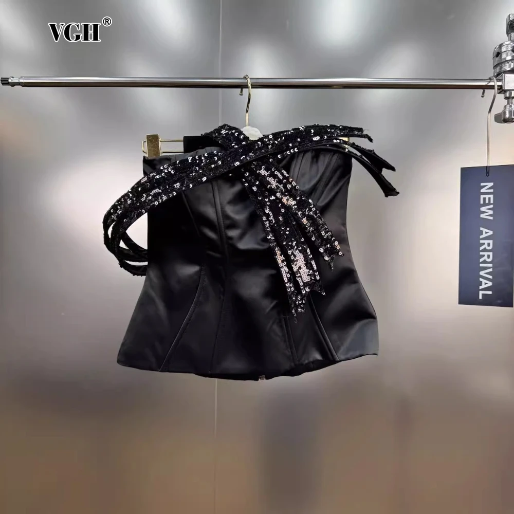 

VGH Sexy Luxurious Shine Vest for Women Strapless Patchwork Bowknot Off Shoulder Sleeveless Tunic Design Tube Tops Female Trendy