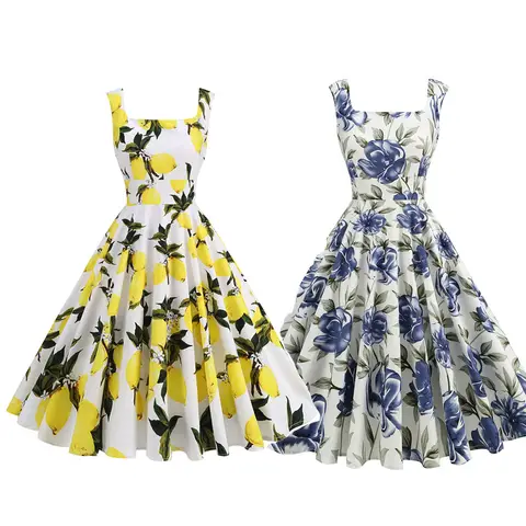 Women Vintage Flower Lemon Dress Elegant Retro Rockabilly Strap Suspenders Cocktail Tea Party 1950s 40s Swing Dress Cotton Dress