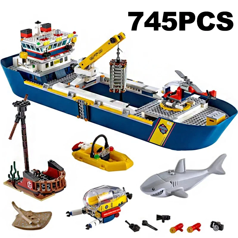 

745pcs Urban Ocean Reconnaissance Ship Model Set Building Block 60266 Expedition Assembly Toys Children's Birthday Boys Gifts