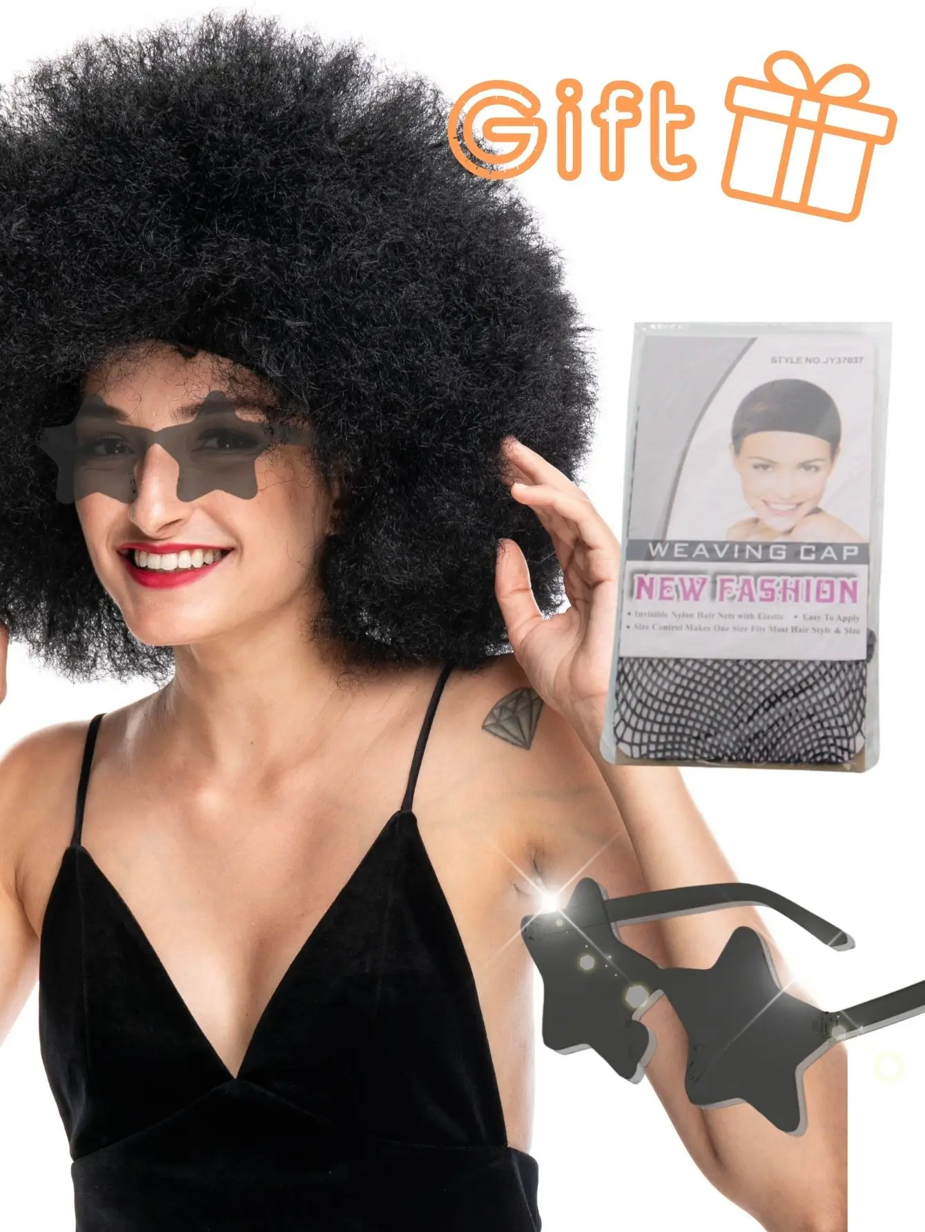 Oversized pluizig krullend haar pruik meerkleurig hittebestendig synthetische vezel met plus bril voor feest