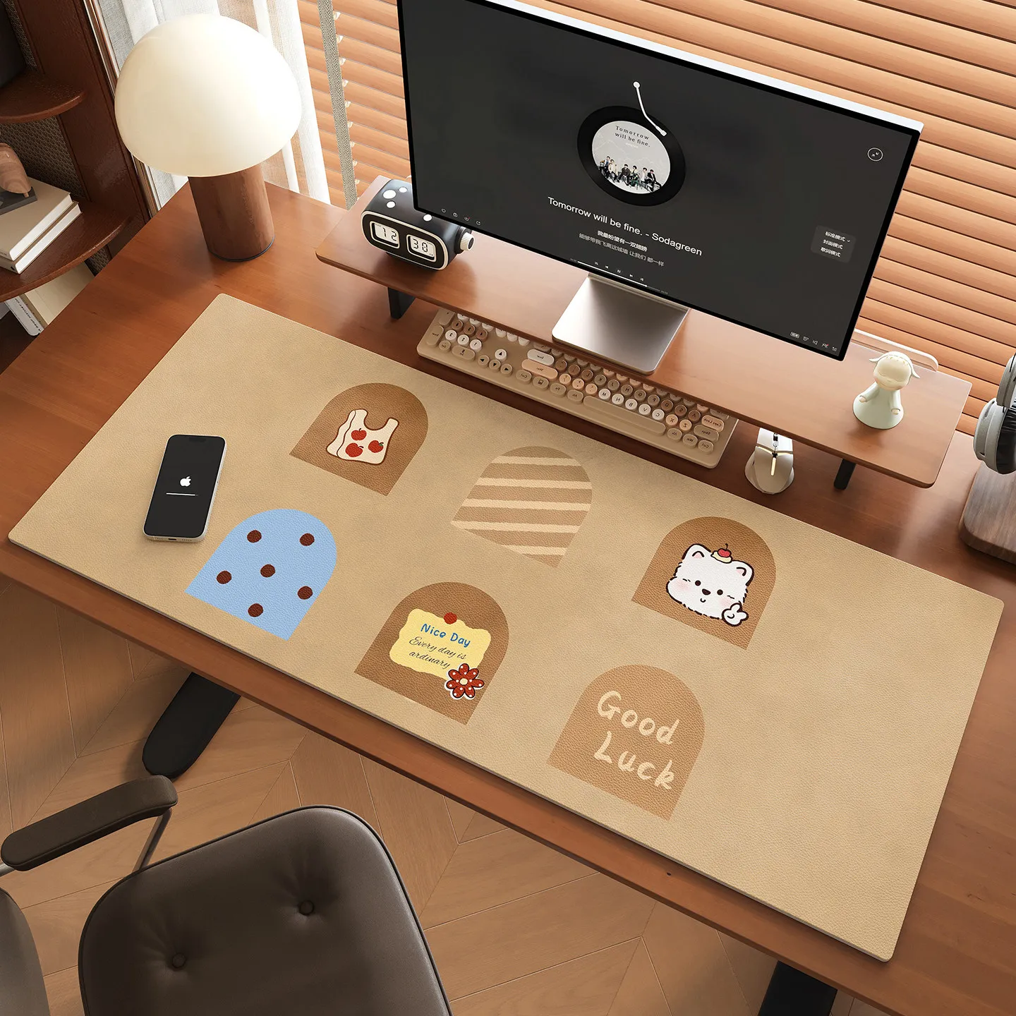 Cute Cats Dogs Grid Cartoon Pattern Leather Table Mat Girl Geart Simple Mouse Pad PU Gaming Computer Pad Anti Slip Y2K Pad