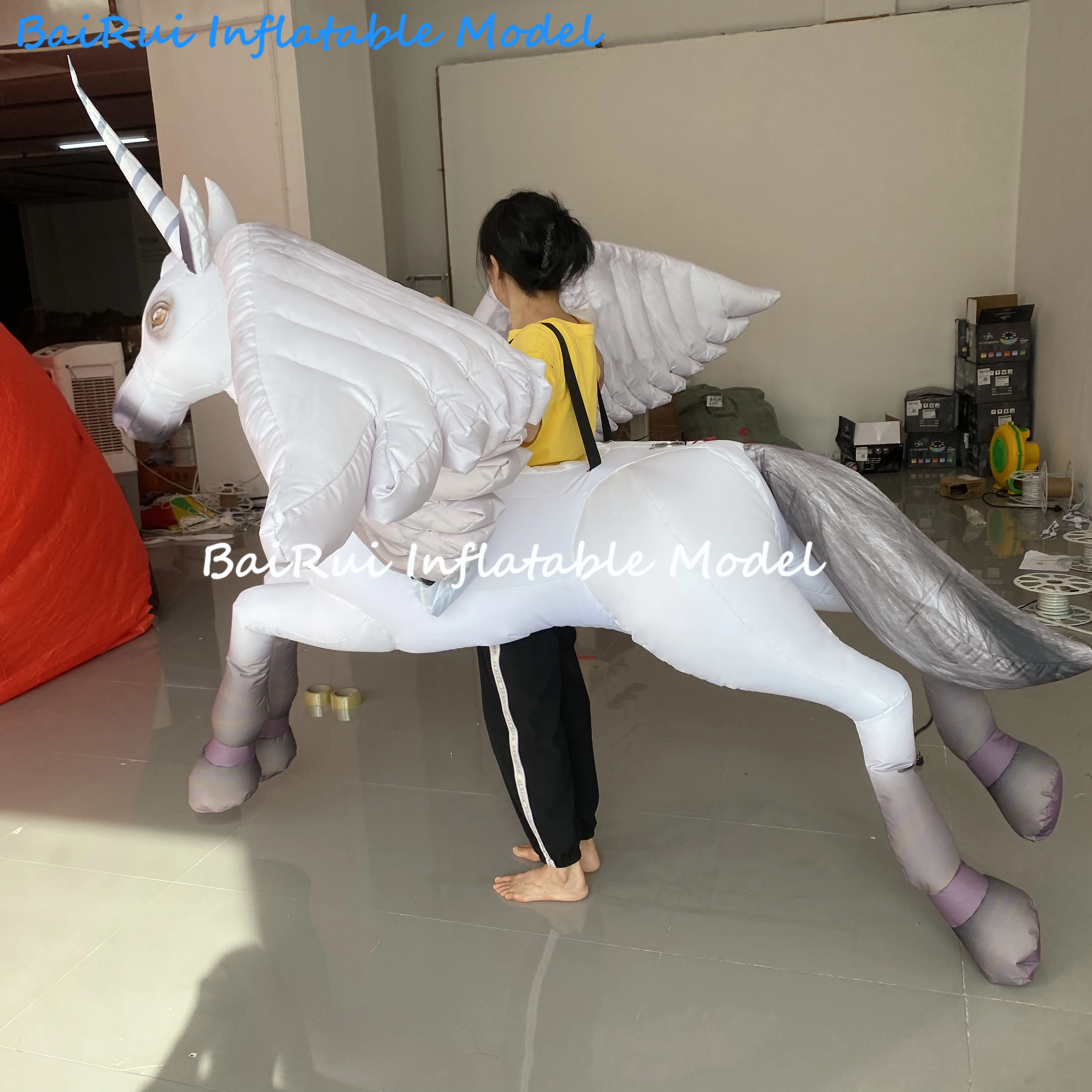 Giant Inflatable Unicorn Costume with White LED Light Air Blow Horse Animal Mascot Carnival Parade Performance Props
