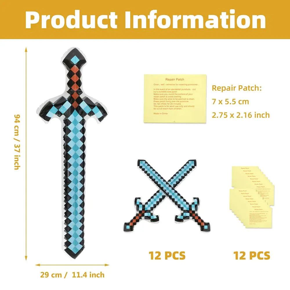 12 Niebieskich Dmuchanych Pikselowych Diamentowych Mieczy, Zabawki Broń do Gry w Basenie z Łatkami Naprawczymi na Karnawał Halloween Urodziny Cosplay