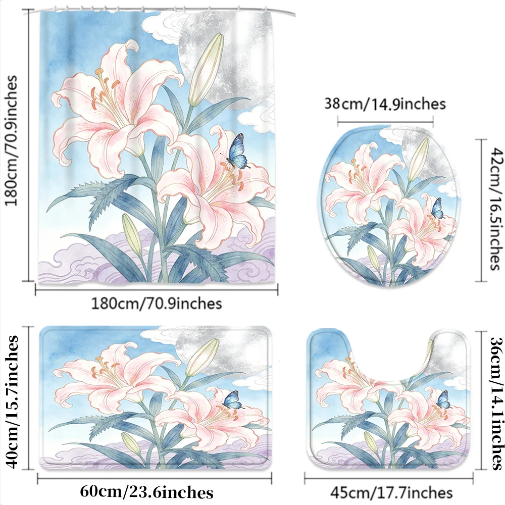 Premium Pink Lily Floral Shower Curtain Polyester Waterproof Bathroom Decor Curtain Liner Amaryllis Flower Print Modern Botanica