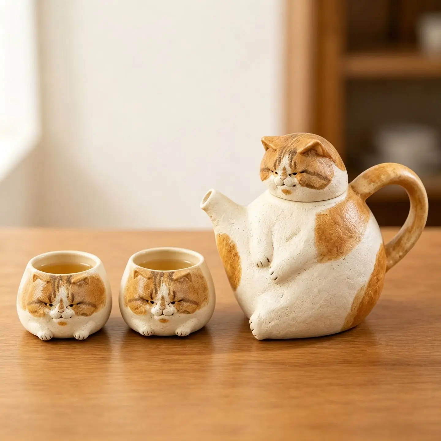 Cute Ginger Cat Teapot & 2 Cups Set, Handmade Ceramic Tea Set for Home Decor, Adorable Kitten Design Gift for Cat Lovers