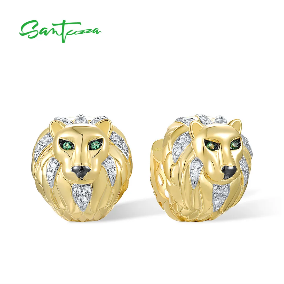 

SANTUZZA Pure 925 Silver Earrings For Women Sterling Silver Sparkling Golden Lion White CZ Green Spinel Trendy Fine Cute Jewelry