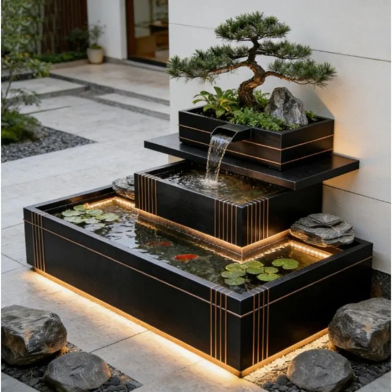Stainless Steel Waterfall Feature - Luxury Outdoor Koi Pond with Bonsai Planter, Modern Garden Decoration for Entryway Villa