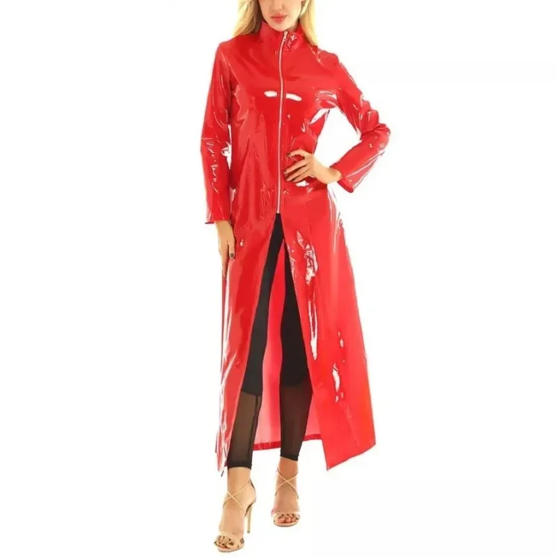 Gabardina larga de látex Wetlook para mujer, disfraz de Halloween de cuero PVC, chaqueta Sexy de manga larga con cremallera, cortavientos, ropa de calle