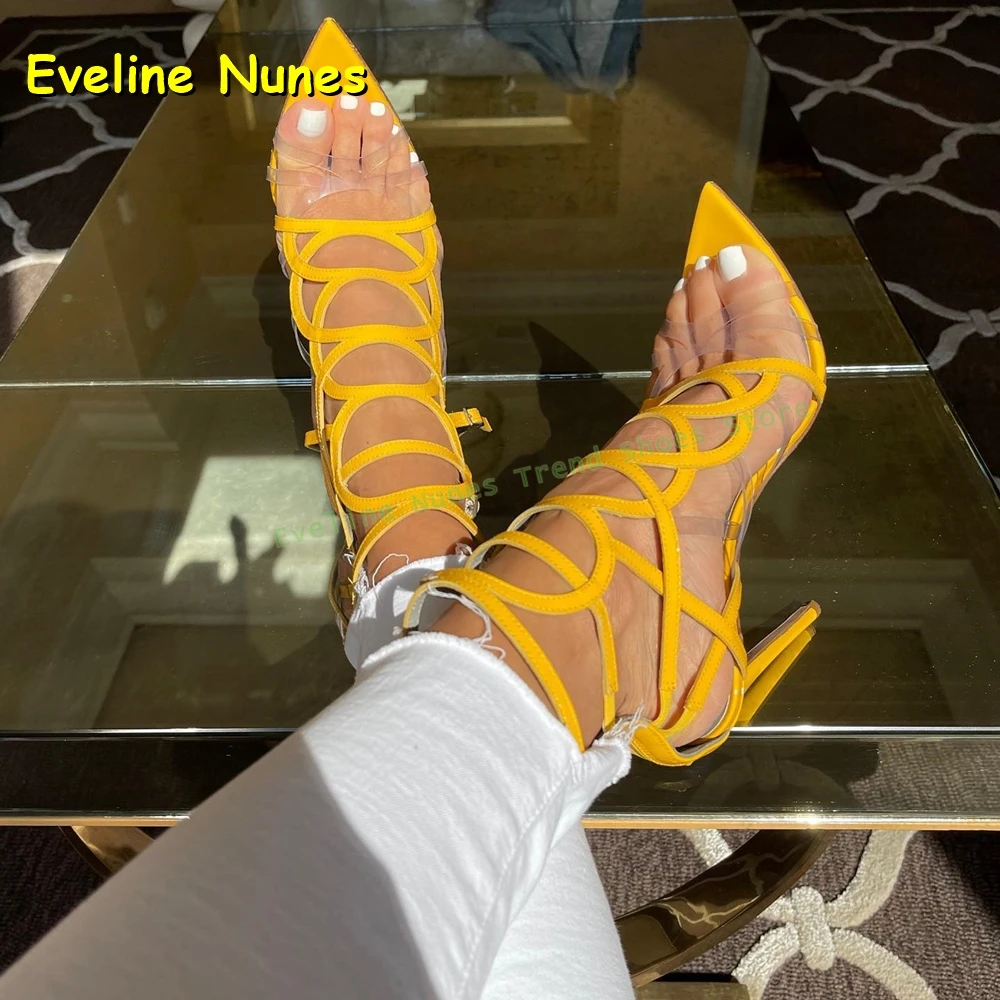

Yellow Cross Tied Sexy Sandals Pointed Toe Stiletto Transparent Pvc Back Zip Cut Out Solid Women Fashion High Heels 2026 Summer