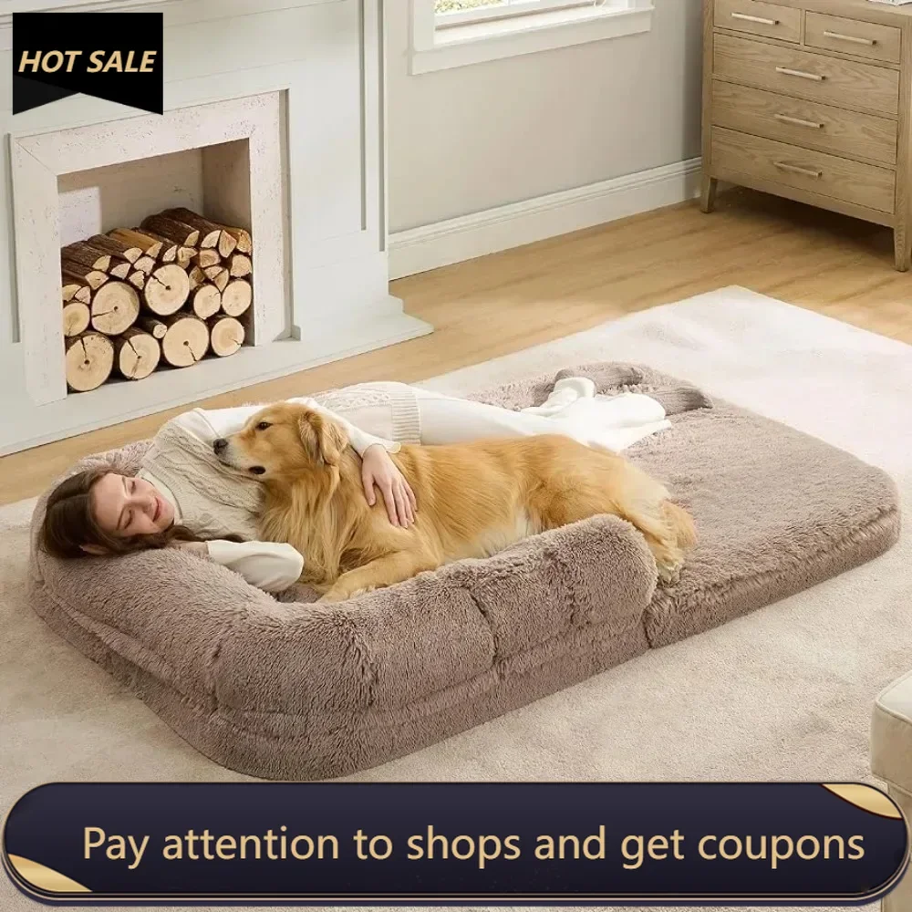 

2 in 1 Calming Human Size Giant Dog Bed Fits Pet Families With Egg Foam Supportive Mat and Waterproof Liner Camel Mattresses