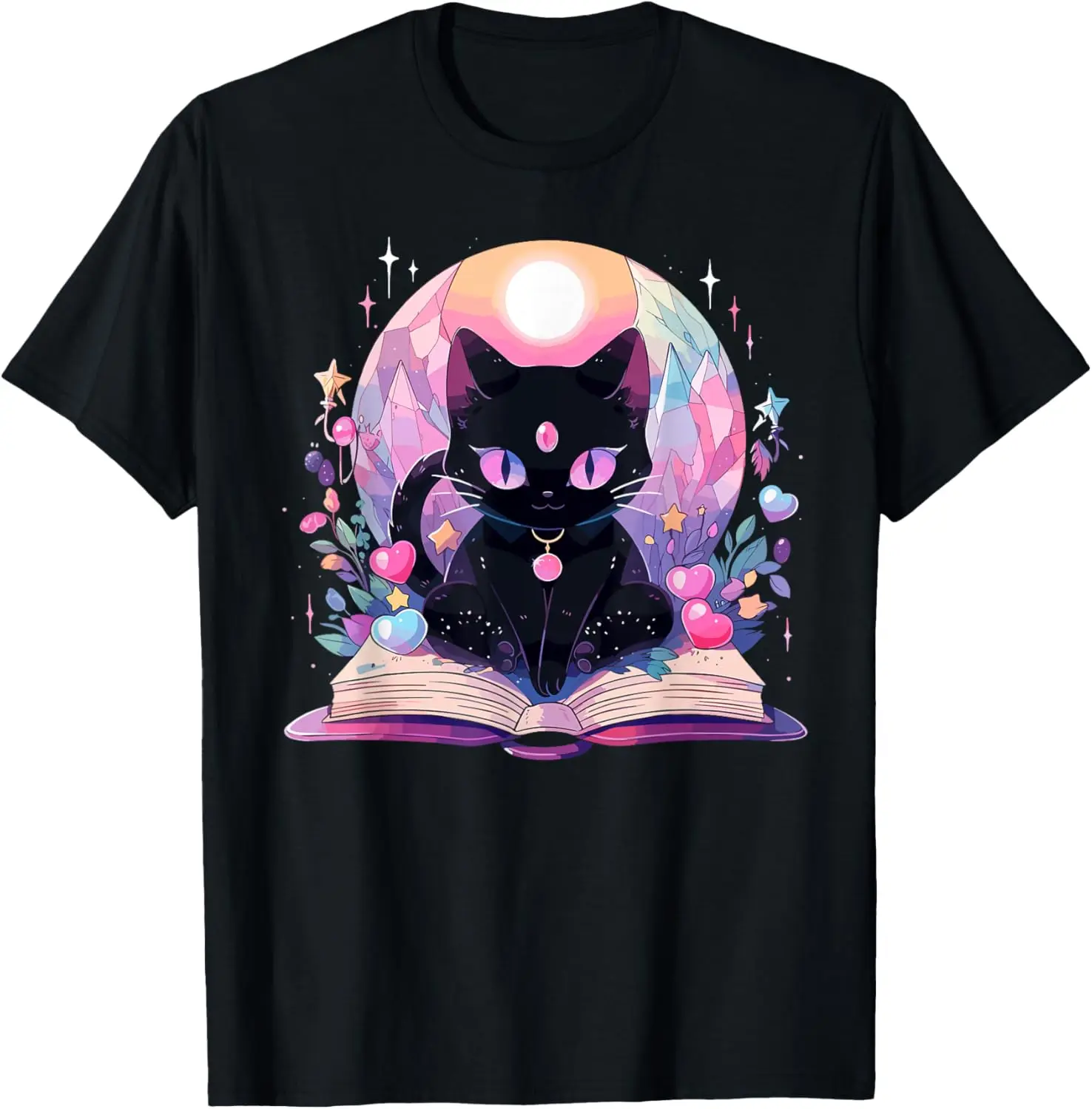 Book Lover Crystal Witchy Cute Black Cat Kawaii Pastel Goth T-Shirt