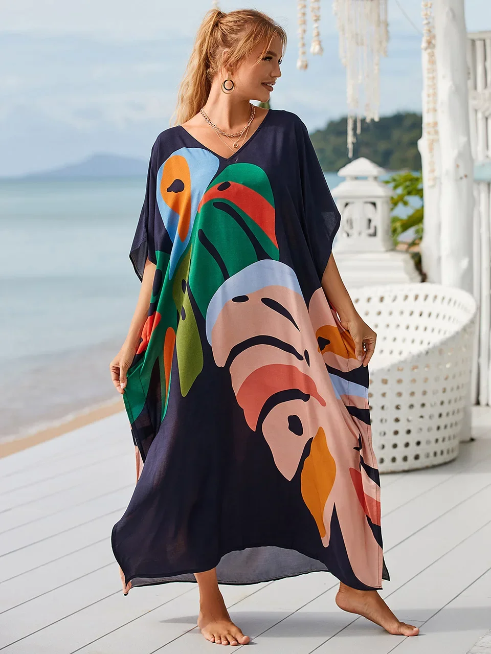 

2024 Sexy Bohemian Maxi Dress Long Kaftans Leaf Print Women Bathing Suit Cover Ups Tunic Pareo De Plage Summer Beach Wear Robe