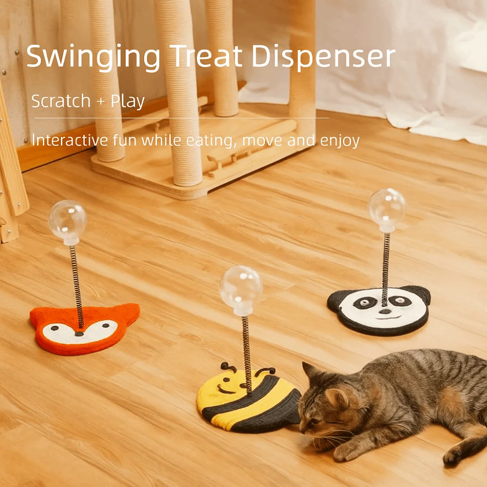 

Cartoon Cat Treat Ball with Scratcher Sisal Base Clear Ball Cat Treat Dispenser Spring Stand Non-slip