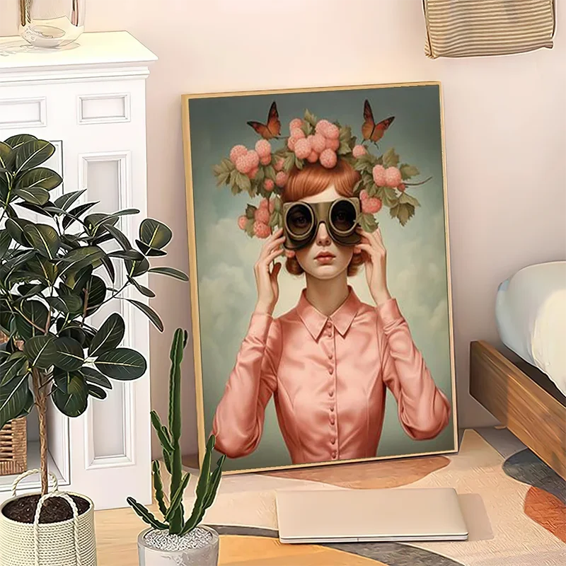 Fashion Glasses Woman with Flowers Canvas Painting Flowers with Girl Portrait Posters and Prints Nordic Boho Mural Picture Art