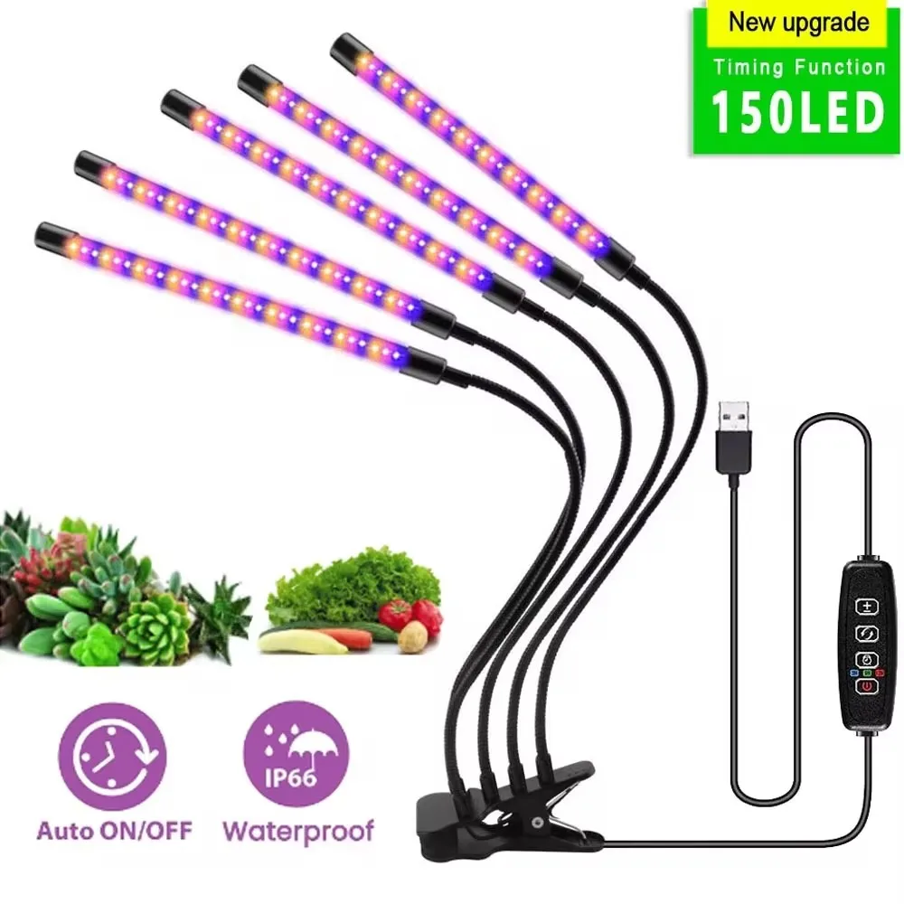 Indoor Plants Flowers Grow Tent 5 Heads Seedling Grow Light Full Spectrum Phytolamp USB Power 150 LED Lights Phyto Lamp for Home