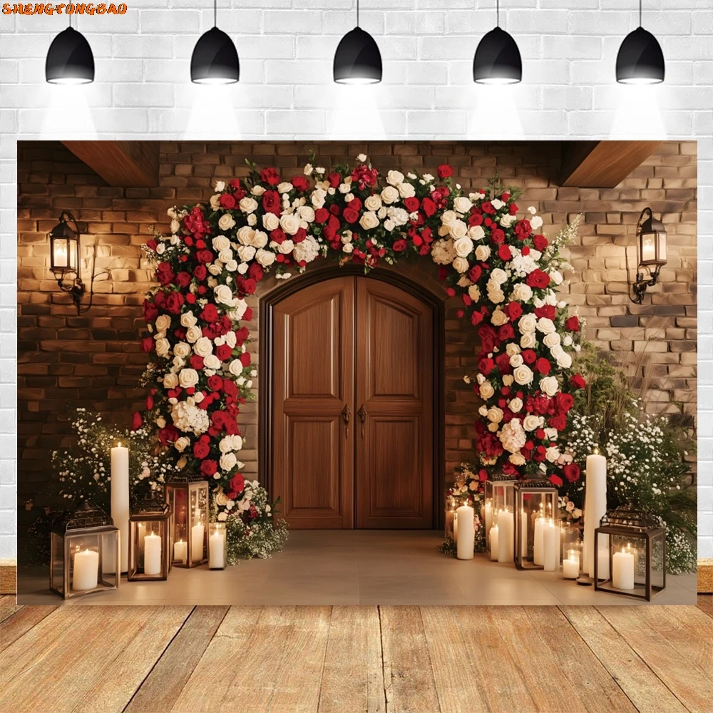Bruiloft Bloemen Houten Deur Achtergrond Bruids Douche Bruid Portret Verlovingsceremonie Fotografie Achtergrond Fotostudio Benodigdheden