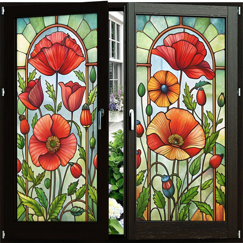 Retro Church Stained Glass Film Corn Poppy Flower Matte Self-Adhesive Privacy Window Film Living Room Bathroom Balcony Decor