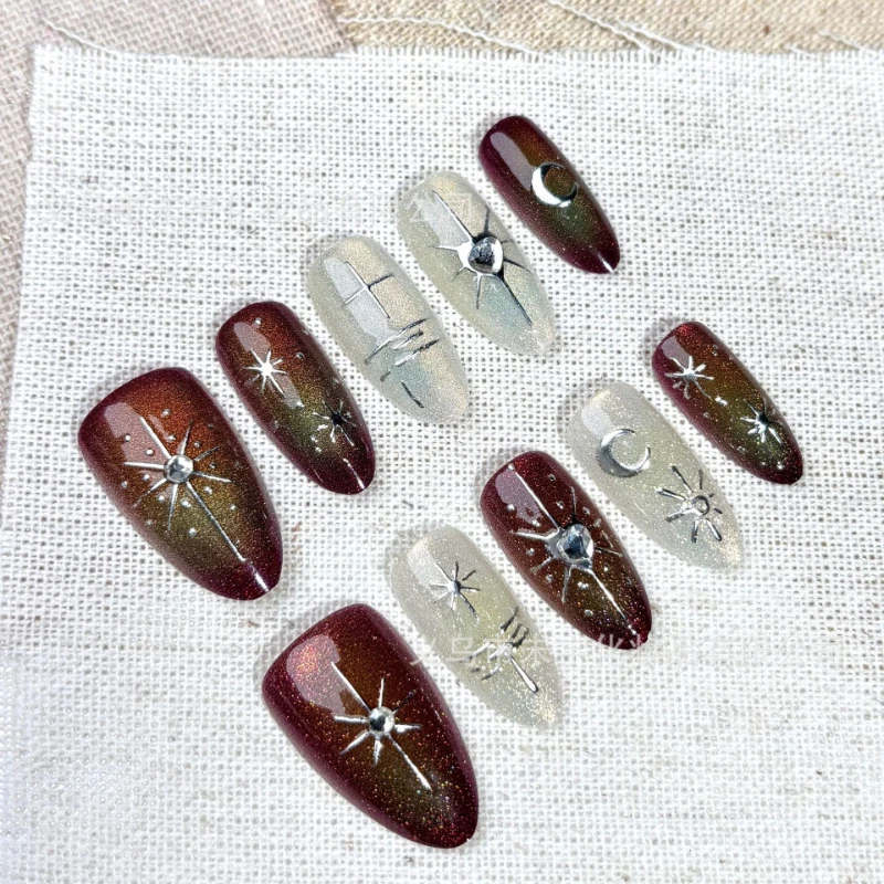 

24PCS Shiny Golden Brown Cat Eye Almond Stick on False Nails with Glue Retro Silver Star Simple Ins French Fake Nails for Women