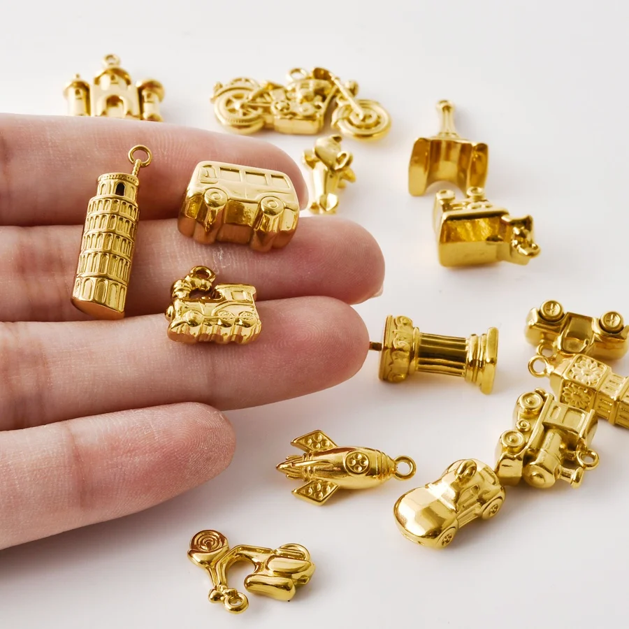 6Pcs Real Gold Plated 3D Big Ben Train Leaning Tower Motorcycle 316 Stainless Steel Pendant DIY Necklace Earring Jewelry Making