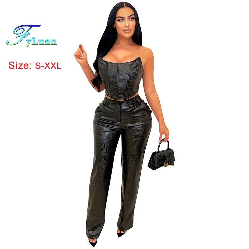 

2025 Summer New Women Pants Sets Wrap Bust Imitation Leather Sexy Short Top And Slim Trousers Two-Piece Set Fashion Party Wear