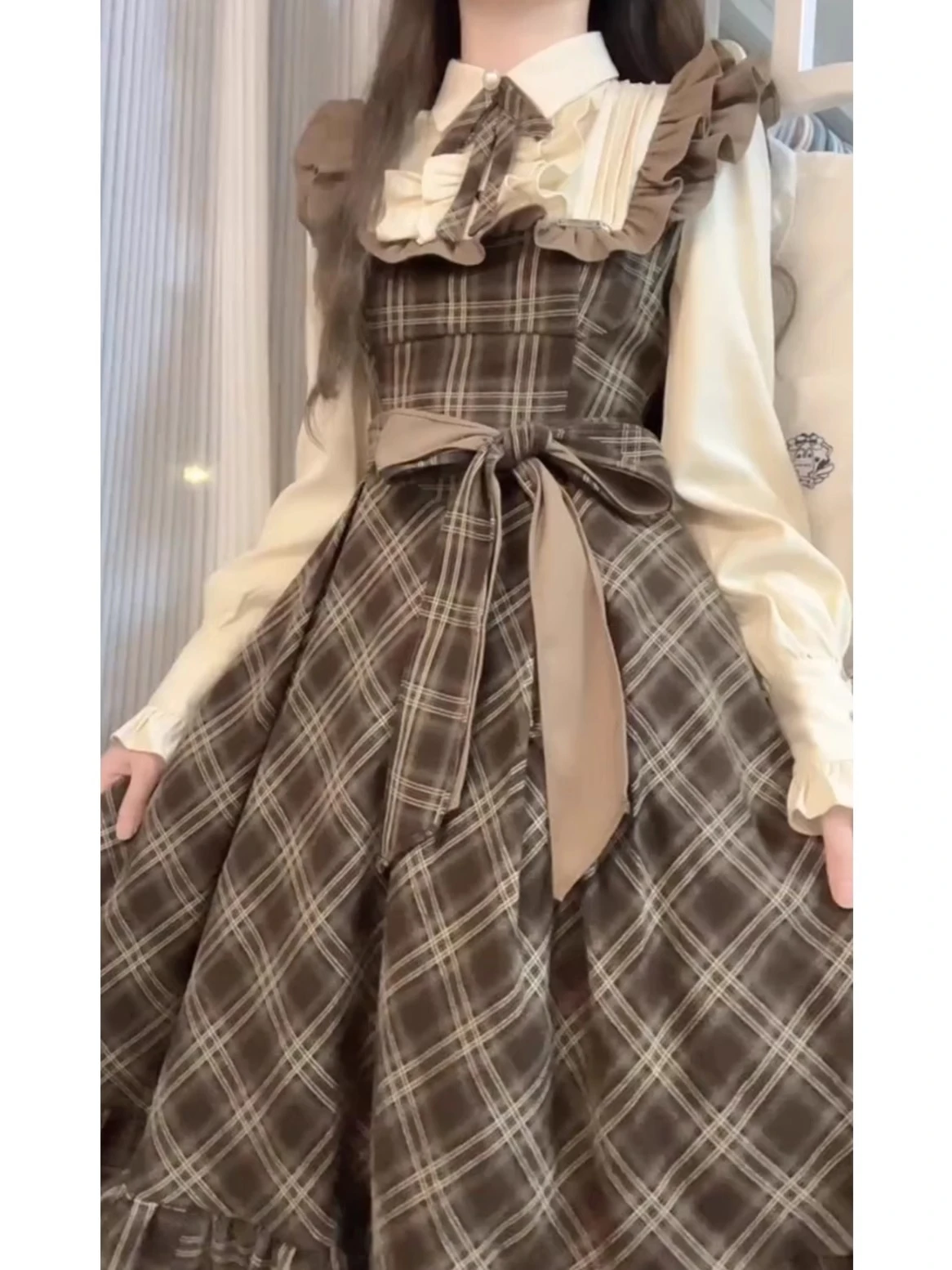 Vestido largo a cuadros marrón para niña, ropa Loli de manga larga, Lolita, Kawaii