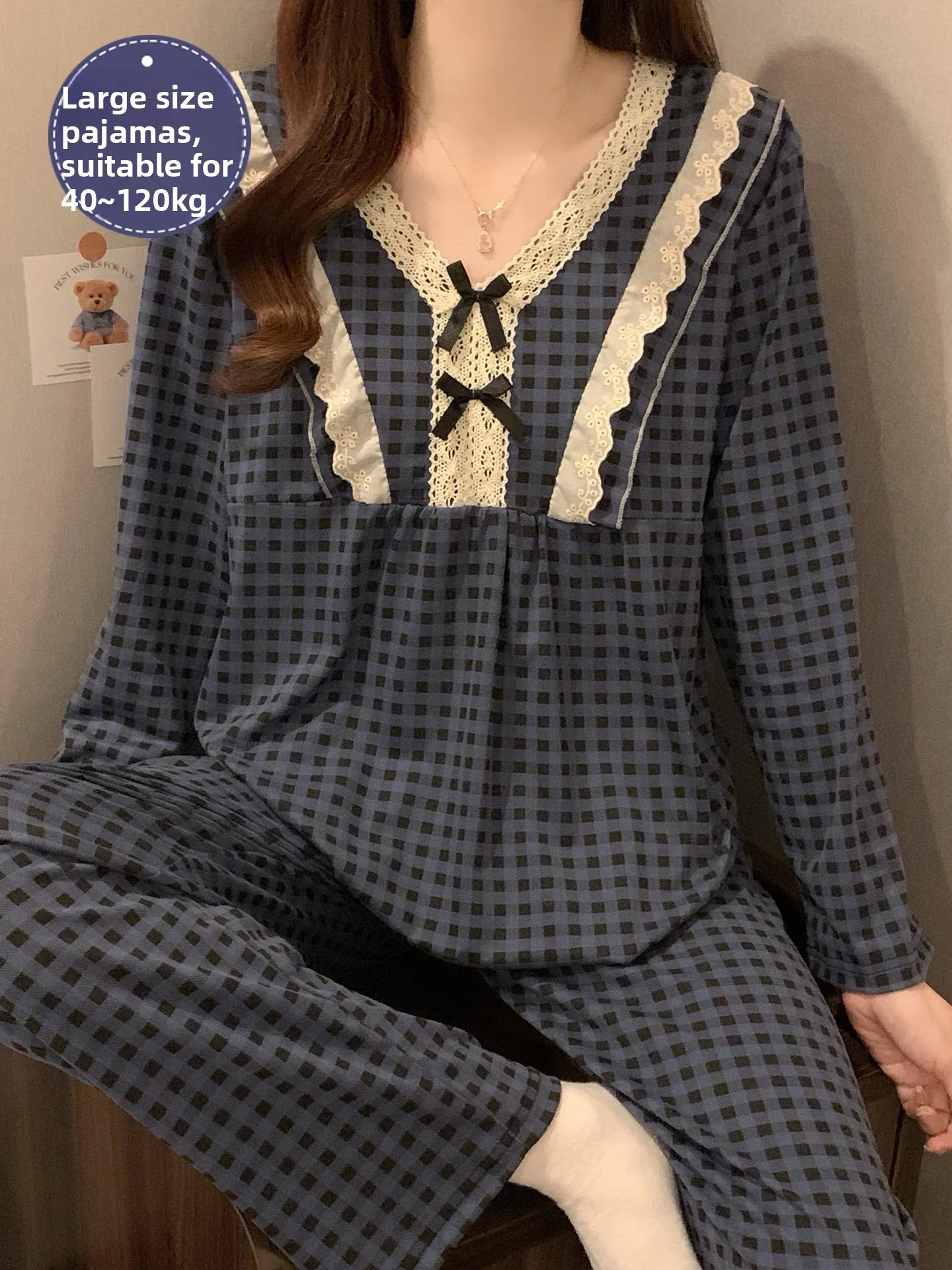 Sweet Blue Plaid Cotton Sleepwear Women's Long Sleeve Long Pants Home Clothes Lace Trim plus Size Comfortable Breathable Summer