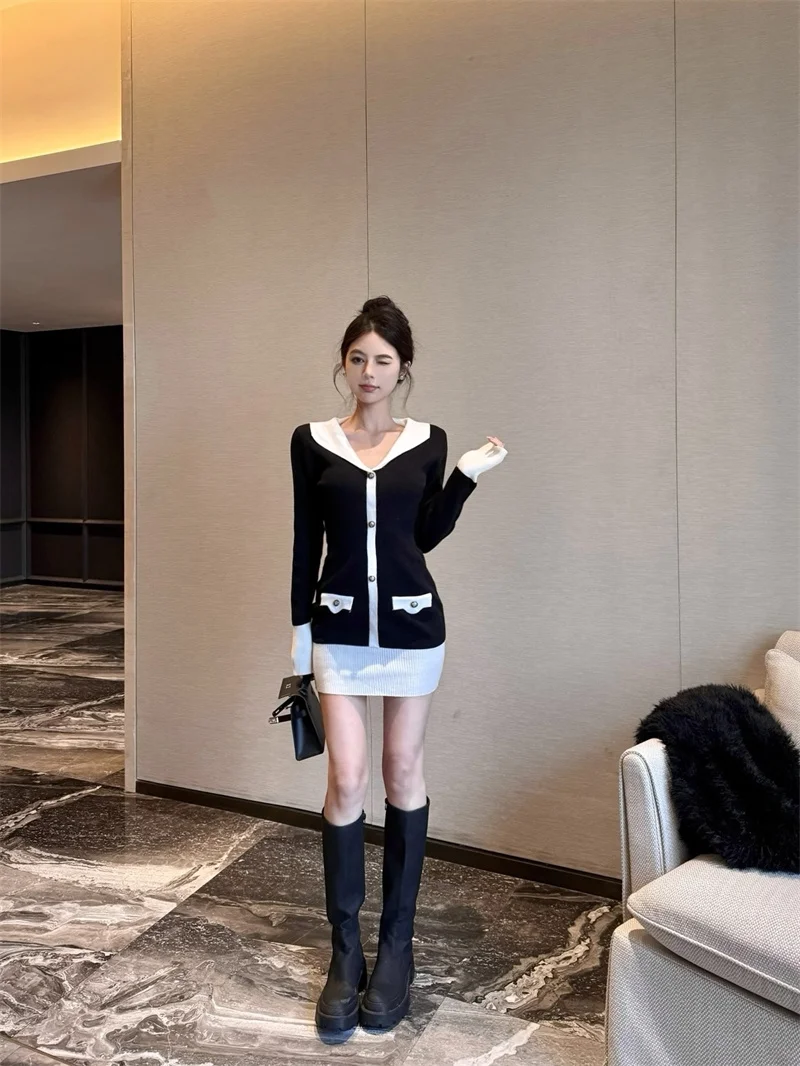 女性用Vネックニットペンシルドレス,長袖,シングルブレスト,ミニセーター,ボトムス,対照的な色,新しいファッション,秋,冬