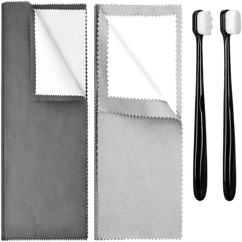 Jewelry Polishing Cloth Set with 2 Soft Brushes for Safe and Effective Cleaning of Silver Gold and Costume Jewelry Surfaces