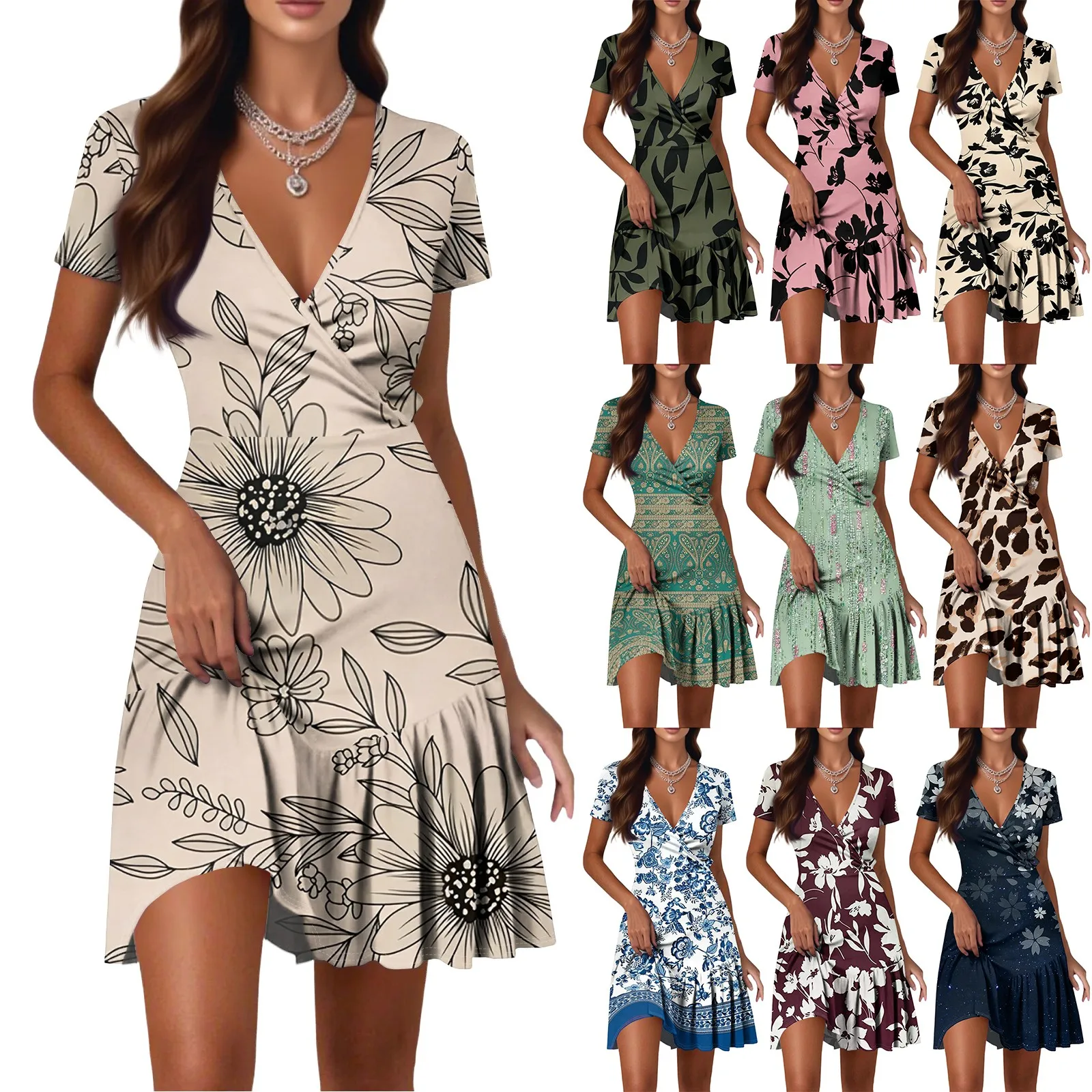 2025 ใหม่อินเทรนด์ดอกไม้พิมพ์ชุดสตรีชุดลําลอง V คอกลางแจ้งสีทึบชายหาดชุดวันหยุด